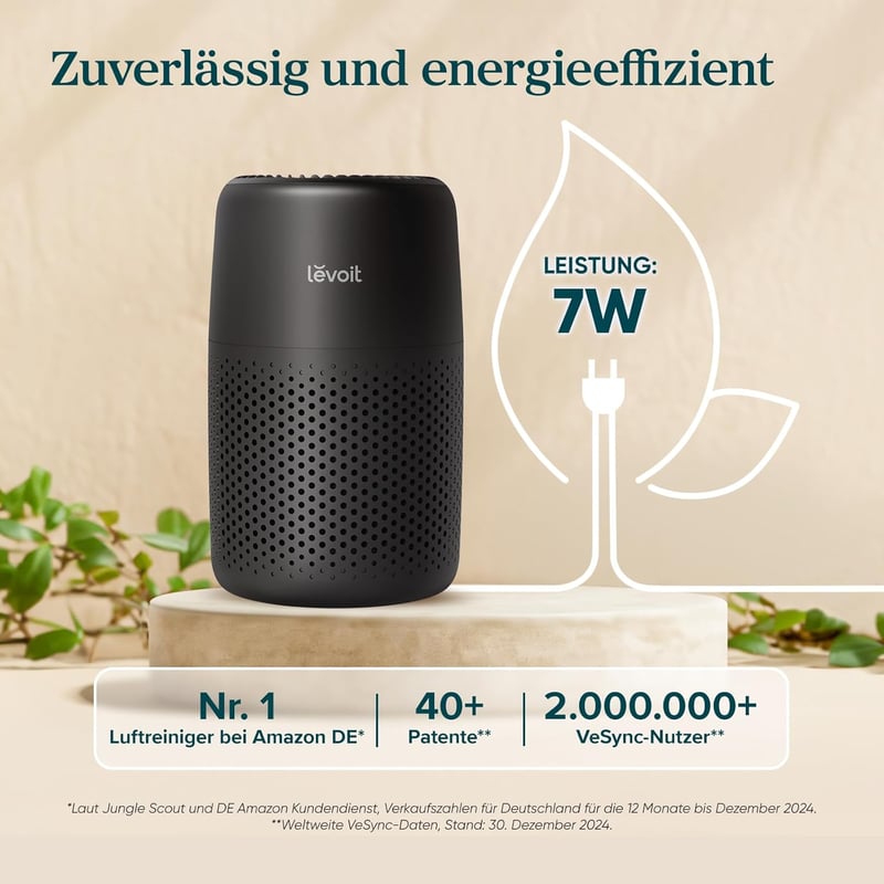 LEVOIT Core Mini fekete légtisztító HEPA szűrővel, aromaterápiás funkcióval, hálószobához