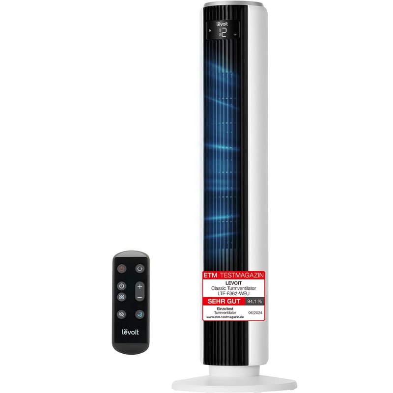 Stĺpový ventilátor Levoit s DC motorom, 92 cm, tichý chod 20 dB, 7,9 m/s, 4 režimy, 12 rýchlostí, 12-hodinový časovač, diaľkové ovládanie, 24 W, biely
