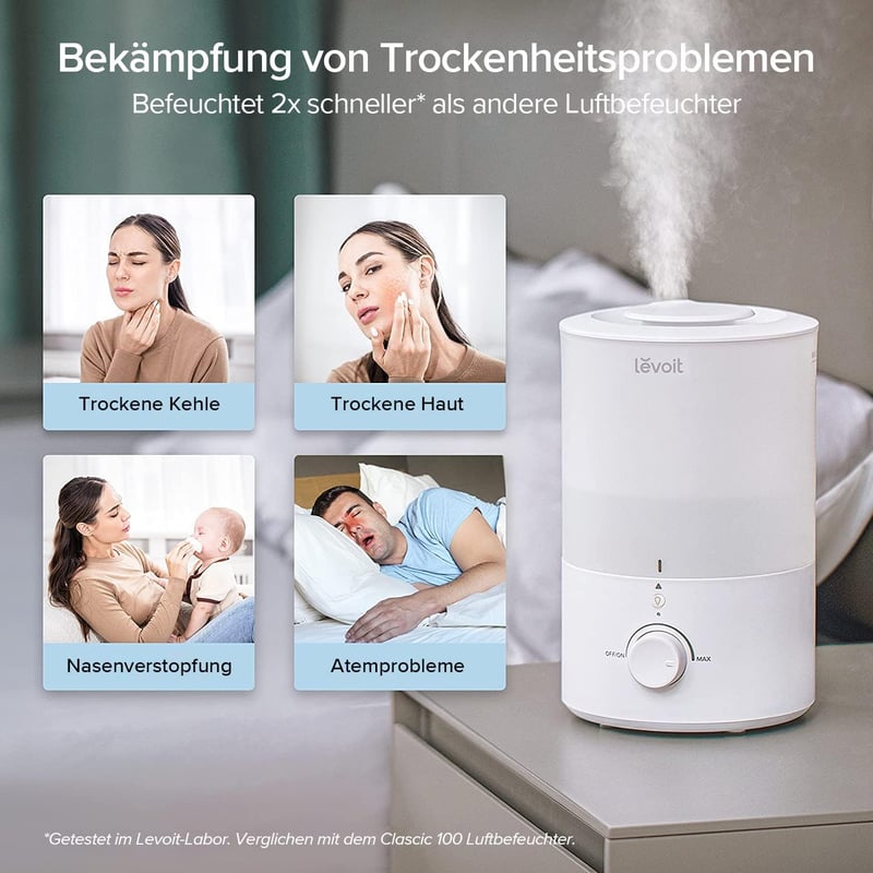 Levoit Hálószobai Párásító, Ultrahangos Hideg Köd, Automatikus Leállás, 25 dB, 25 Óra, 3L
