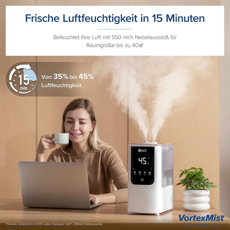 Levoit okos párásító nagy szobákhoz, felülről tölthető, meleg és hideg pára, 550 ml/h, 40 m², csendes