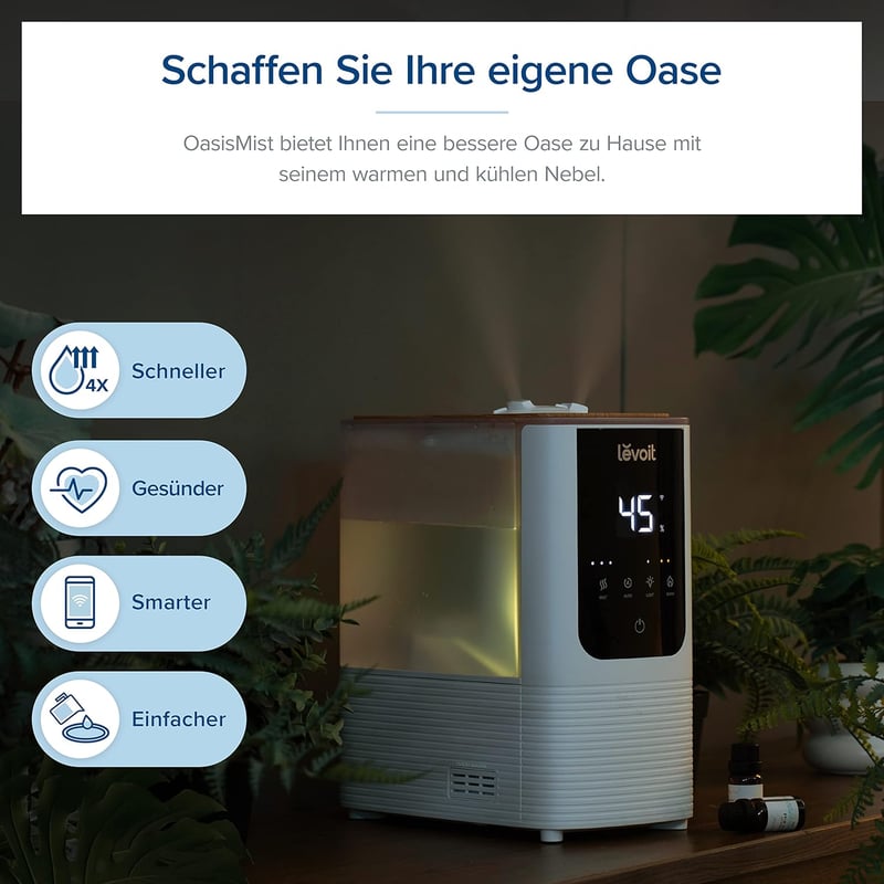 Levoit okos párásító nagy szobákhoz, felülről tölthető, meleg és hideg pára, 550 ml/h, 40 m², csendes