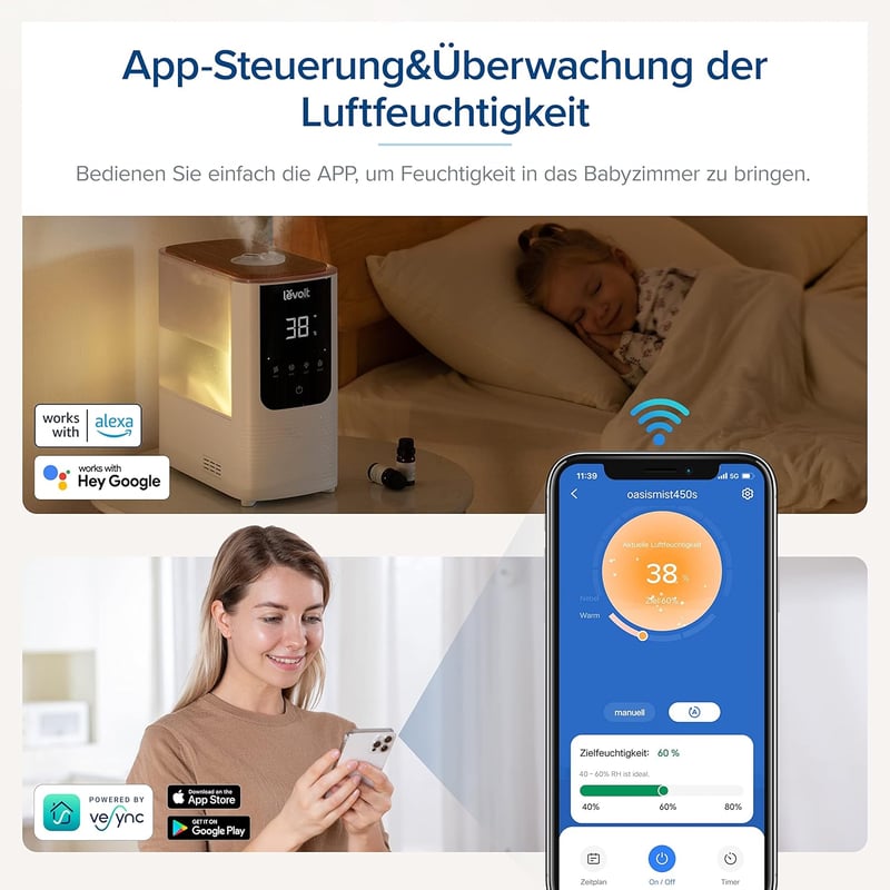 Levoit okos párásító nagy szobákhoz, felülről tölthető, meleg és hideg pára, 550 ml/h, 40 m², csendes