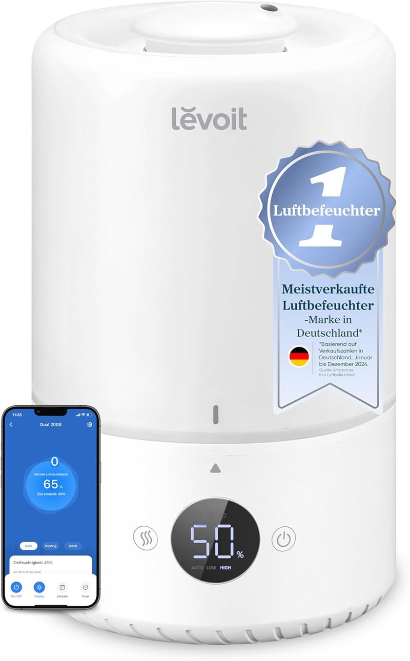 Levoit Smart Párásító 20dB Csendes, 3L Gyermekszoba Baba Növény, 360° Forgó Fúvóka, Páratartalom Érzékelő