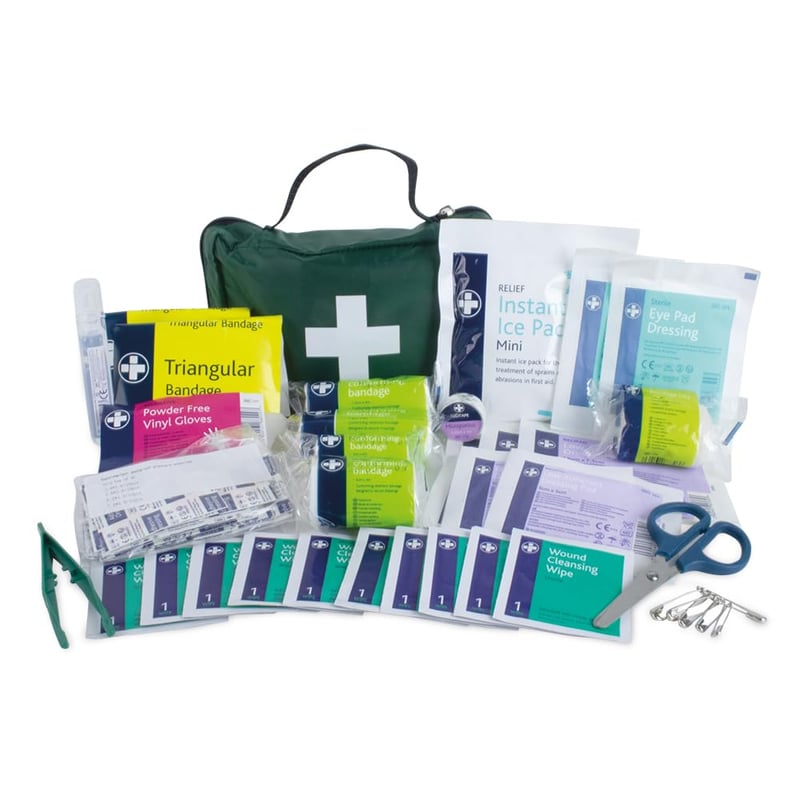 Trusă de prim ajutor Lewis-Plast Premium, 90 piese - cu soluție pentru spălarea ochilor, 2 pachete de gheață și pătură de urgență - pentru acasă, mașină, birou, călătorii - verde