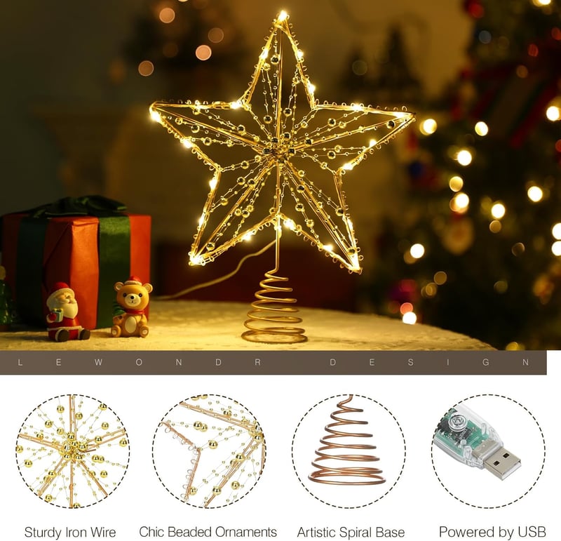 Lewondr 30 cm Arany Karácsonyfa Csúcsdísz Csillag - LED Világítással, Gyöngyös Díszítéssel, Elemes, 3D Fém Karácsonyi Dekoráció Ünnepekre