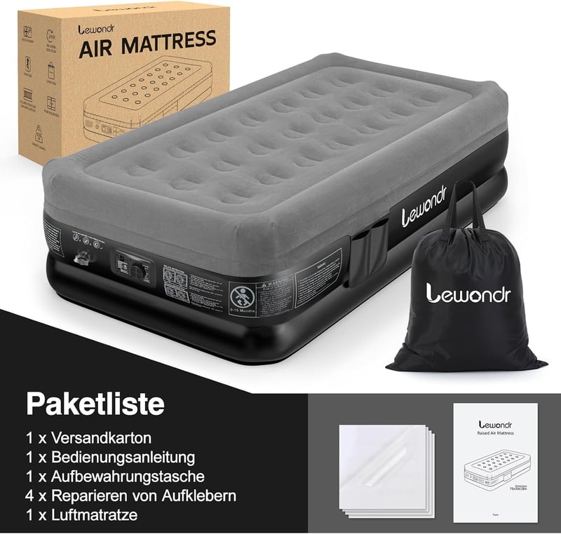 Lewondr Egyágyas Felfújható Matrac Beépített Pumpával 191x99x46cm Szürke