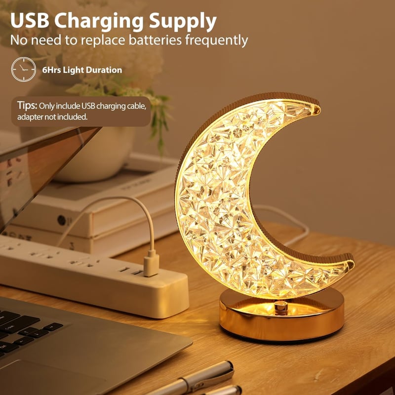 Lewondr Félhold Asztali Lámpa - 3 Színű Fokozatmentesen Szabályozható LED, USB-s Tölthető Éjjeli Fény, Dekoratív Holdvilág Hálószobába, Napp