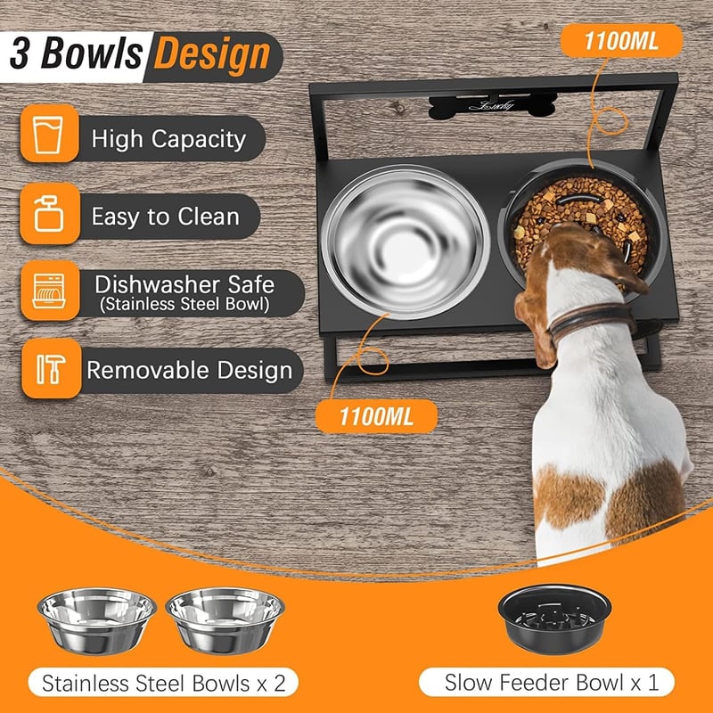 Lewondr Magasított Kutyatál Állvány 3 Fokozatú Állítható Rozsdamentes Tálakkal - 3 heights 3 bowls