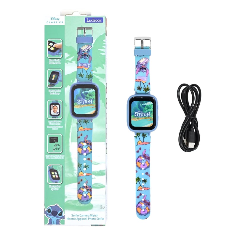 Inteligentné hodinky s fotoaparátom Lexibook Disney Stitch DMW070DLXB – HD dotykový displej, 720p kamera, MP3, reproduktor, diktafón, krokomer, 5 hier, modré