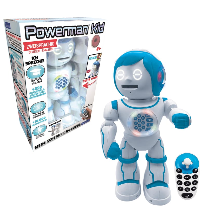 Dvojjazyčný vzdelávací robot Lexibook Powerman Kid ROB90DE – kráčajúca, tancujúca, spievajúca, programovateľná STEM hračka – príbehy a kvízy v nemčine a angličtine