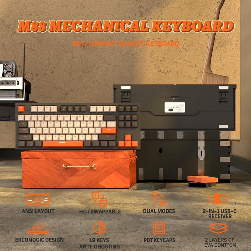 LexonElec M88 Vezeték Nélküli Mechanikus Billentyűzet 87% QWERTY Hot Swap Bluetooth 2.4GHz Dual Mode PBT Keycaps PC MAC Tablet