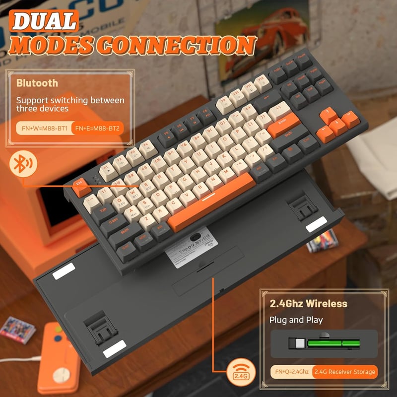 LexonElec M88 Vezeték Nélküli Mechanikus Billentyűzet 87% QWERTY Hot Swap Bluetooth 2.4GHz Dual Mode PBT Keycaps PC MAC Tablet