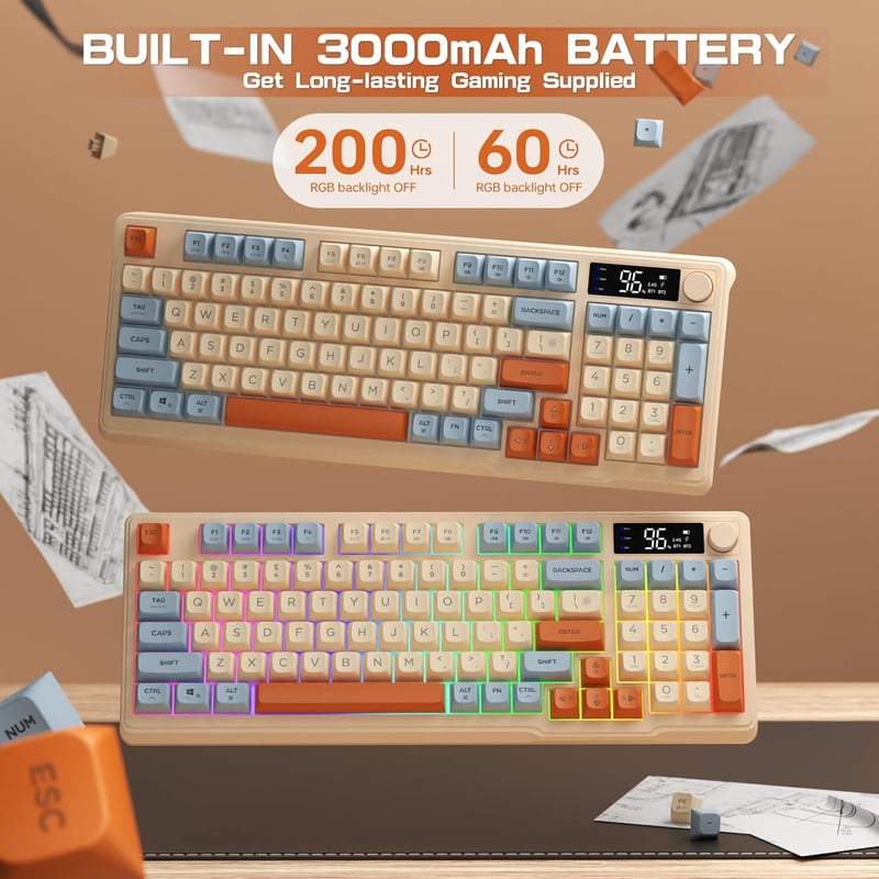 LexonElec M96 Vezeték Nélküli Gaming Billentyűzet - Bluetooth 5.0 & 2.4G Kettős Mód, Kijelzővel, PBT Keycap, 3000 mAh Akkumulátor, Kék