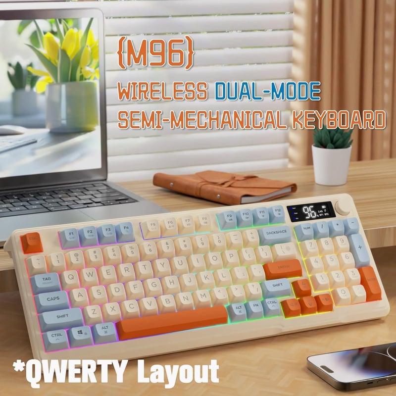 LexonElec M96 Vezeték Nélküli Gaming Billentyűzet - Bluetooth 5.0 & 2.4G Kettős Mód, Kijelzővel, PBT Keycap, 3000 mAh Akkumulátor, Kék