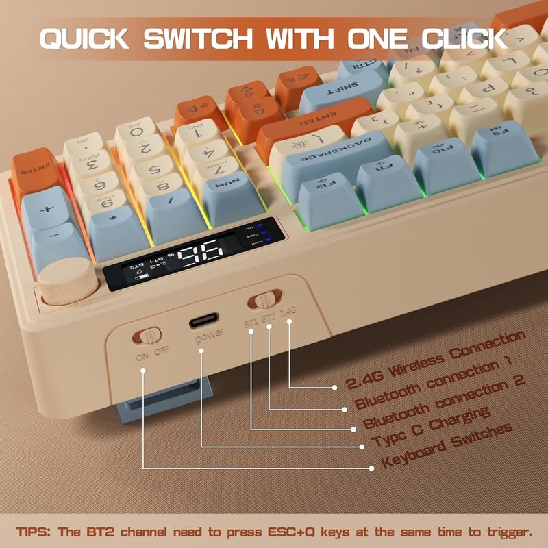 LexonElec M96 Vezeték Nélküli Gaming Billentyűzet - Bluetooth 5.0 & 2.4G Kettős Mód, Kijelzővel, PBT Keycap, 3000 mAh Akkumulátor, Kék