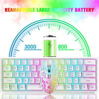 LexonElec Vezeték Nélküli Gaming Billentyűzet Egér Szett 2.4GHz RGB Világítás 61 Gombos Mechanikus Érzet 3800mAh Akkumulátor Fehér 3