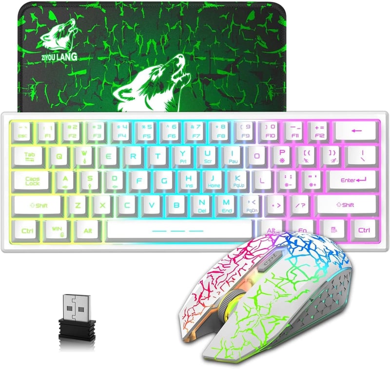 LexonElec Vezeték Nélküli Gaming Billentyűzet Egér Szett 2.4GHz RGB Világítás 61 Gombos Mechanikus Érzet 3800mAh Akkumulátor Fehér