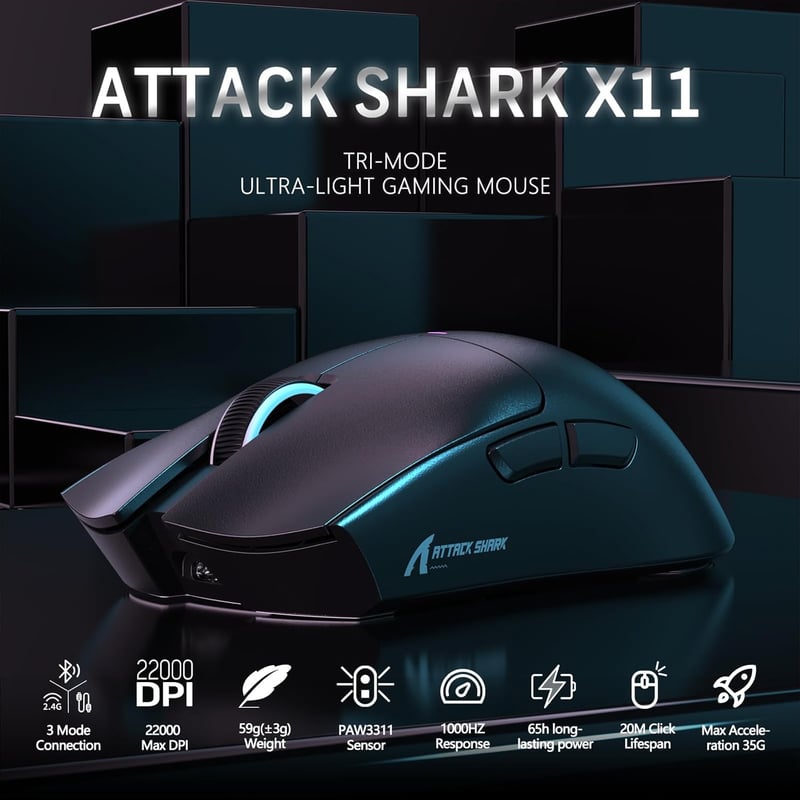 LexonElec X11 Attack Shark Vezeték Nélküli Gamer Egér RGB Mágneses Töltőállomással, 59g Ultrakönnyű, 22000 DPI, Hármas Csatlakozás, Fekete