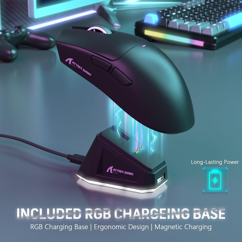 LexonElec X11 Attack Shark Vezeték Nélküli Gamer Egér RGB Mágneses Töltőállomással, 59g Ultrakönnyű, 22000 DPI, Hármas Csatlakozás, Fekete