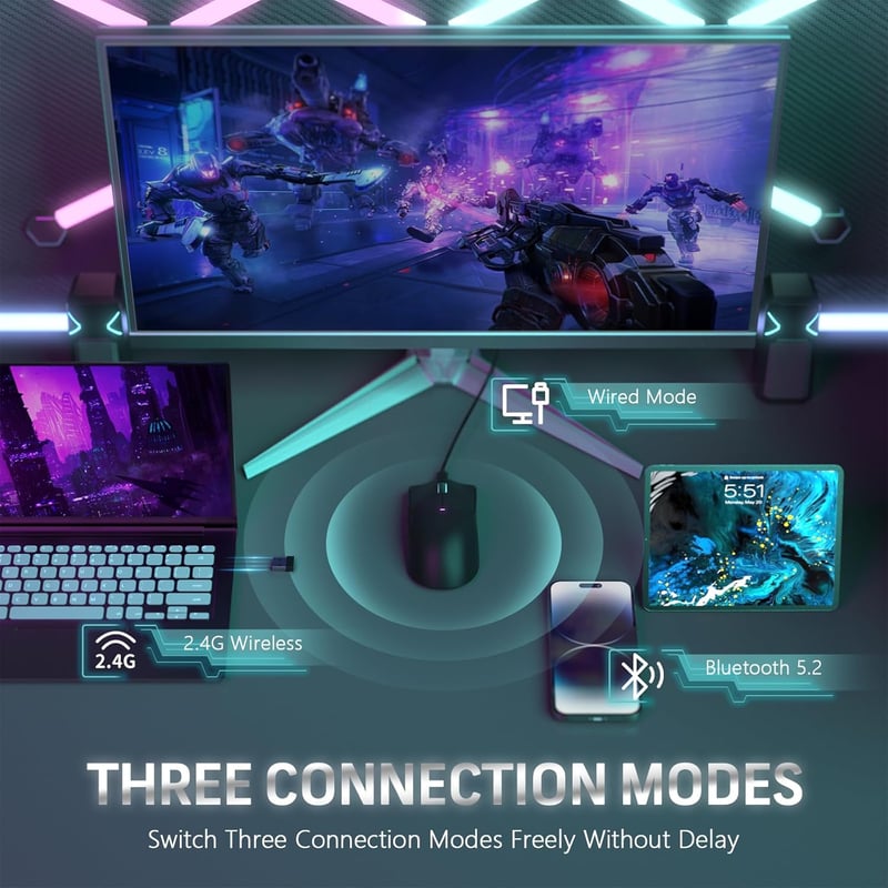 LexonElec X11 Attack Shark Vezeték Nélküli Gamer Egér RGB Mágneses Töltőállomással, 59g Ultrakönnyű, 22000 DPI, Hármas Csatlakozás, Fekete