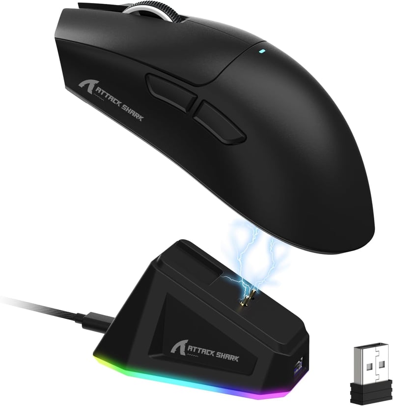 LexonElec X11 Attack Shark Vezeték Nélküli Gamer Egér RGB Mágneses Töltőállomással, 59g Ultrakönnyű, 22000 DPI, Hármas Csatlakozás, Fekete