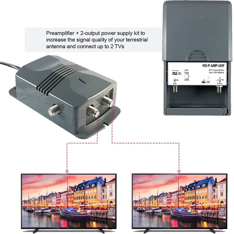 LEYF Erősítő Tápegységgel 2 TV Kimenettel TNT Antenna Előerősítőhöz HDTV Jel 15-38dB