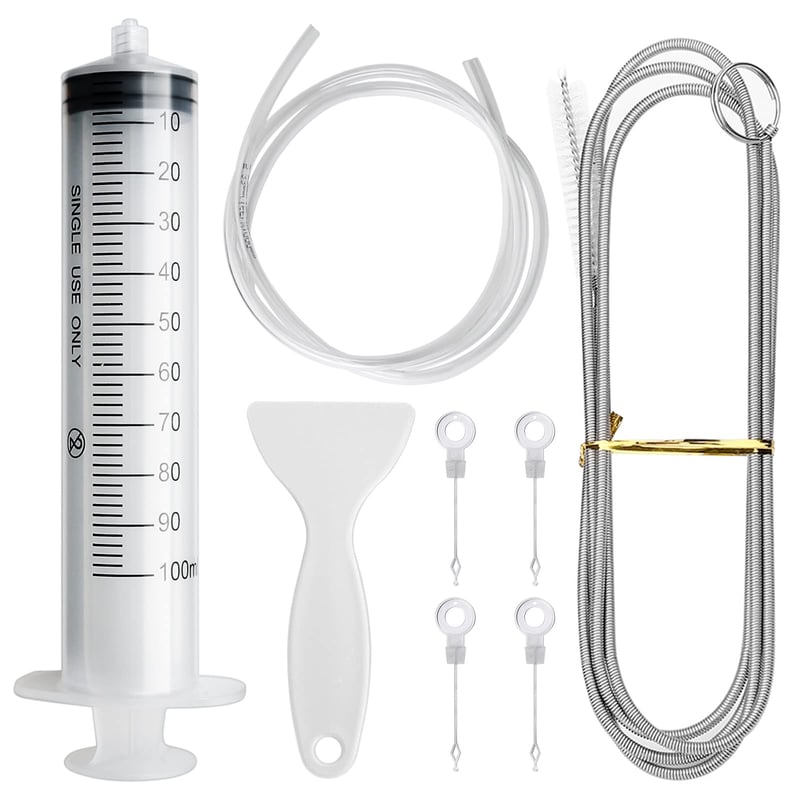 LFBEST Hűtőszekrény Lefolyó Tisztító Készlet 8 db - Rugalmas Kefe, 100 ml Fecskendő, Tisztítócső, Jégtelenítő Lapát, 4 Lefolyónyílás Dugó
