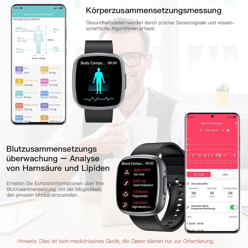 Lgnitek 1.75" HD Smartwatch ECG+HRV, Vérnyomás, Pulzus, SpO2, Hőmérséklet Monitorozás Férfiaknak és Nőknek