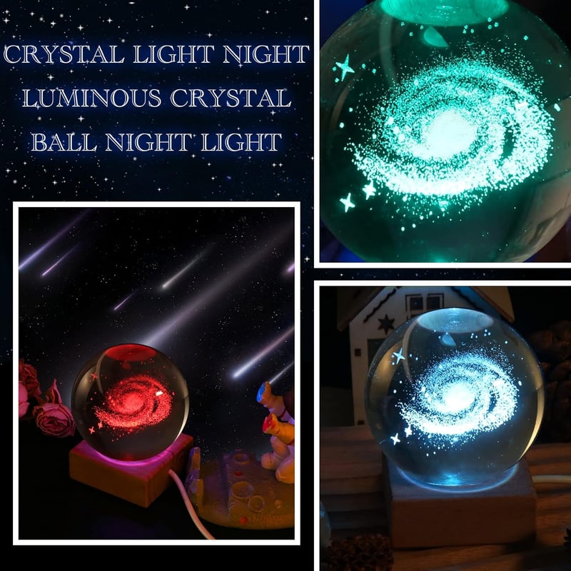 Liamostee 3D Kristálygömb Éjszakai Lámpa Naprendszer USB LED Fa Talp