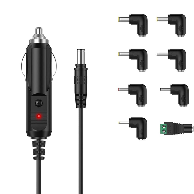 Încărcător auto LIANSUM 24W DC 12V 2A, cablu de alimentare brichetă auto 5.5x2.1mm cu 8 conectori, pentru GPS, DVD, difuzor, cameră, router, pompă de sân, bandă LED