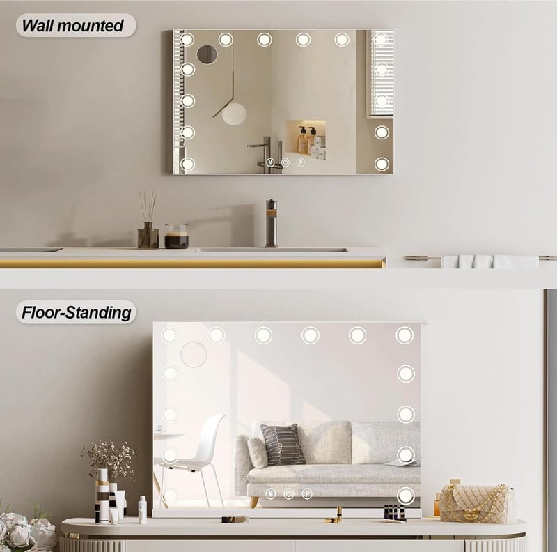 LIANWANG Hollywood Sminktükör 14 LED Világítással - 80x60 cm Smink Tükör 3 Színhőmérséklettel, Érintőképernyős, USB Töltővel, Fényerőszabály