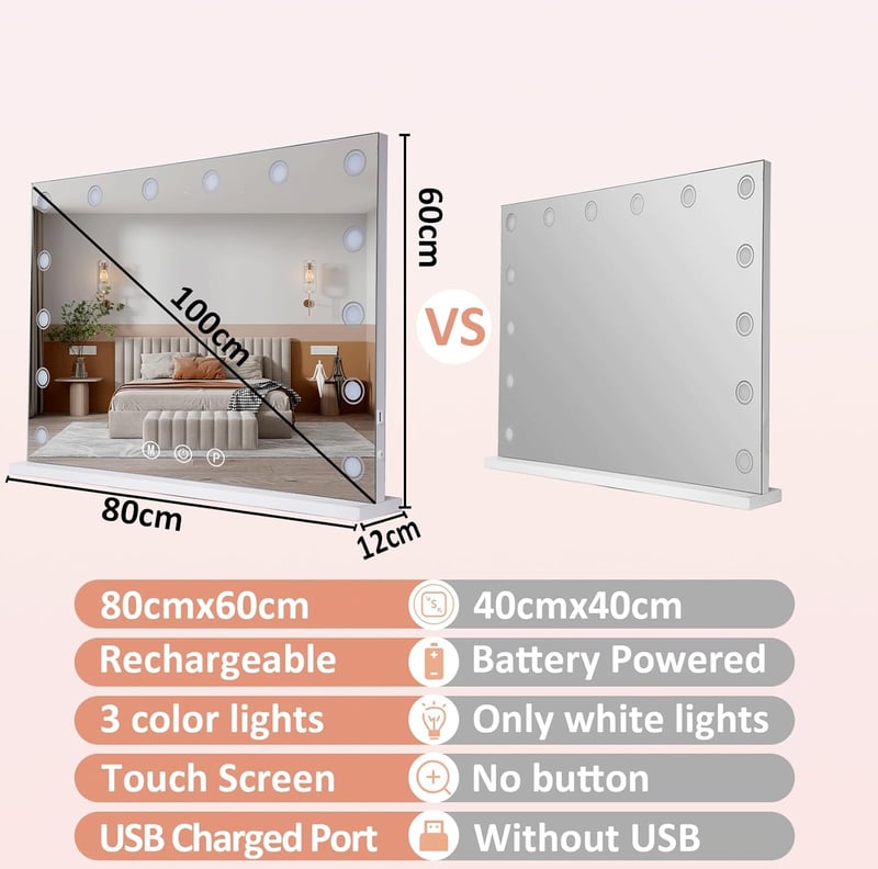 LIANWANG Hollywood Sminktükör 14 LED Világítással - 80x60 cm Smink Tükör 3 Színhőmérséklettel, Érintőképernyős, USB Töltővel, Fényerőszabály