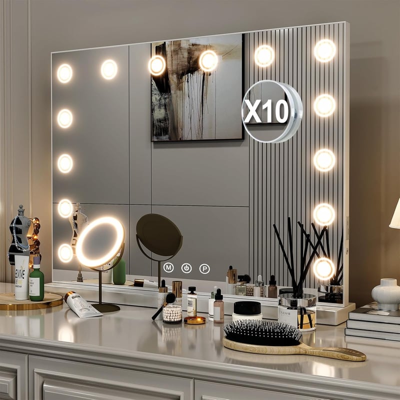LIANWANG Hollywood Sminktükör 14 LED Világítással - 80x60 cm Smink Tükör 3 Színhőmérséklettel, Érintőképernyős, USB Töltővel, Fényerőszabály