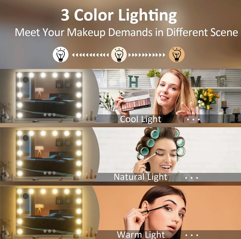 LIANWANG Hollywood Sminktükör 14 LED Világítással - 80x60 cm Smink Tükör 3 Színhőmérséklettel, Érintőképernyős, USB Töltővel, Fényerőszabály