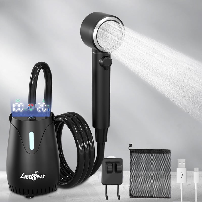 Duș de camping LIBERRWAY cu baterie și pompă, 8000 mAh, IPX8, 3 ore de utilizare, 5 trepte de viteză, cap de duș, furtun de 2 m, albastru