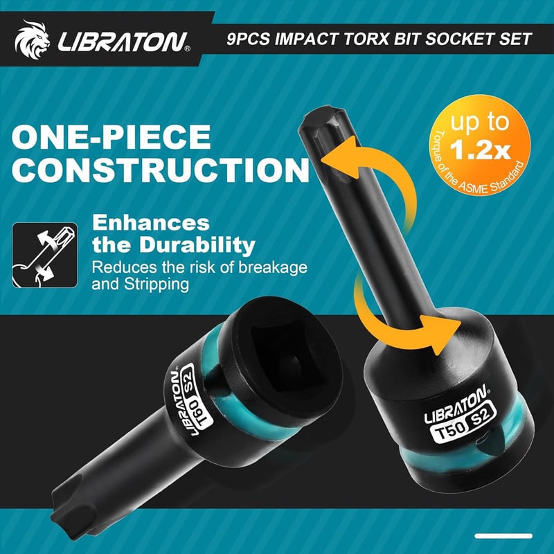 LIBRATON 9 részes Torx bit dugófej készlet 1/2" S2 acél T30-T80 ütésálló