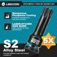 LIBRATON 9 részes Torx bit dugófej készlet 1/2" S2 acél T30-T80 ütésálló 2