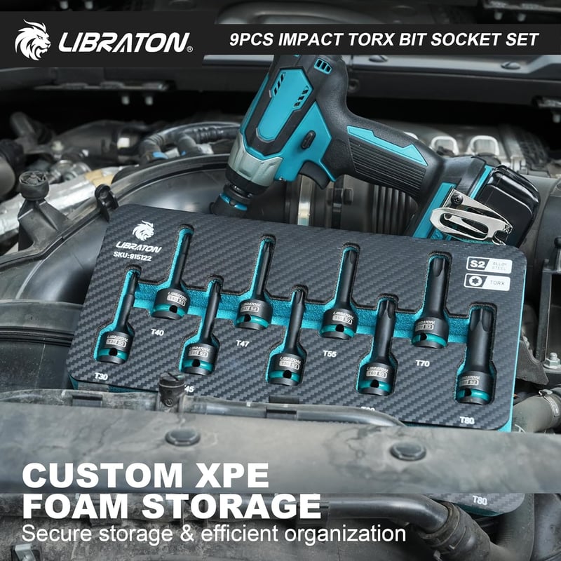 LIBRATON 9 részes Torx bit dugófej készlet 1/2" S2 acél T30-T80 ütésálló