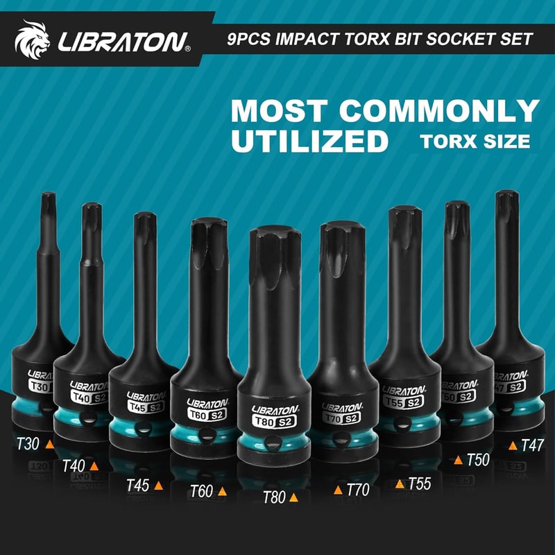 LIBRATON 9 részes Torx bit dugófej készlet 1/2" S2 acél T30-T80 ütésálló
