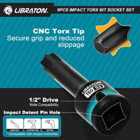 LIBRATON 9 részes Torx bit dugófej készlet 1/2" S2 acél T30-T80 ütésálló 4