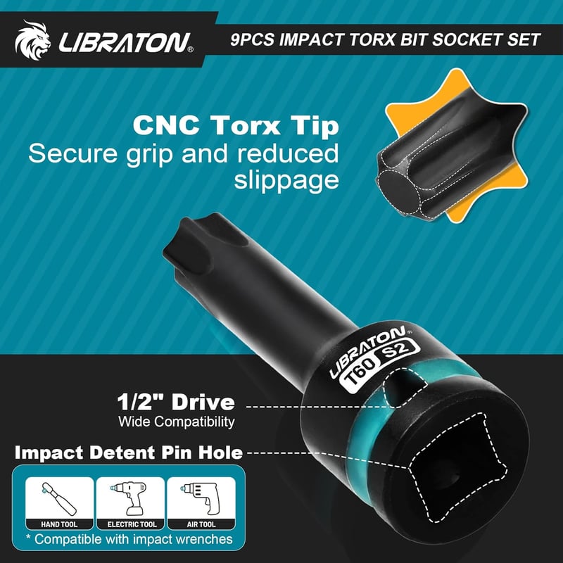 LIBRATON 9 részes Torx bit dugófej készlet 1/2" S2 acél T30-T80 ütésálló