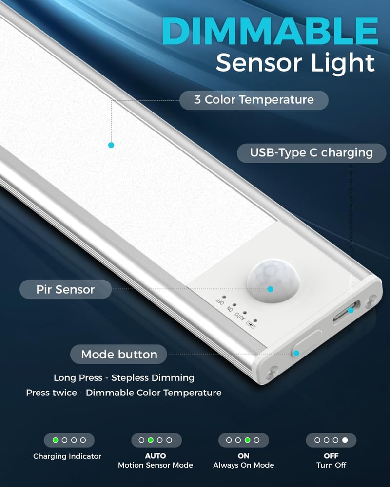 libtit 23cm LED Szekrény Világítás Mozgásérzékelővel - Dimmer Funkcióval 3000K-6500K Színhőmérséklet Akkumulátoros Konyhai Bútor Lámpa