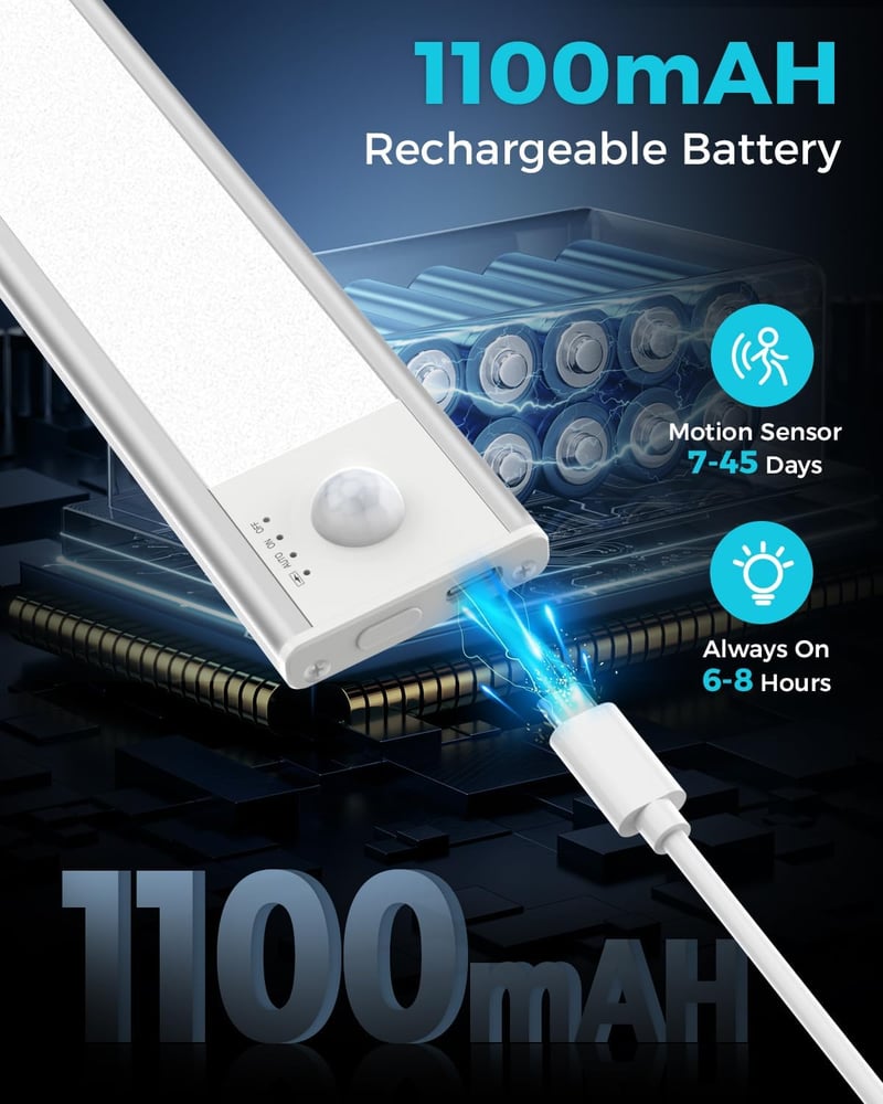 libtit 23cm LED Szekrény Világítás Mozgásérzékelővel - Dimmer Funkcióval 3000K-6500K Színhőmérséklet Akkumulátoros Konyhai Bútor Lámpa