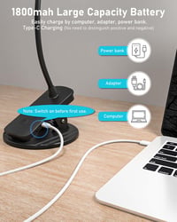 libtit Csíptetős LED Olvasólámpa Érintős Dimmerrel - USB Tölthető Ágylámpa 3 Színhőmérséklet Hajlítható Nyakkal Fekete 5