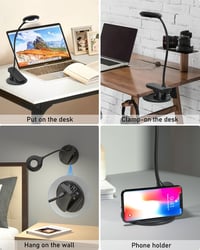 libtit Csíptetős LED Olvasólámpa Érintős Dimmerrel - USB Tölthető Ágylámpa 3 Színhőmérséklet Hajlítható Nyakkal Fekete 6