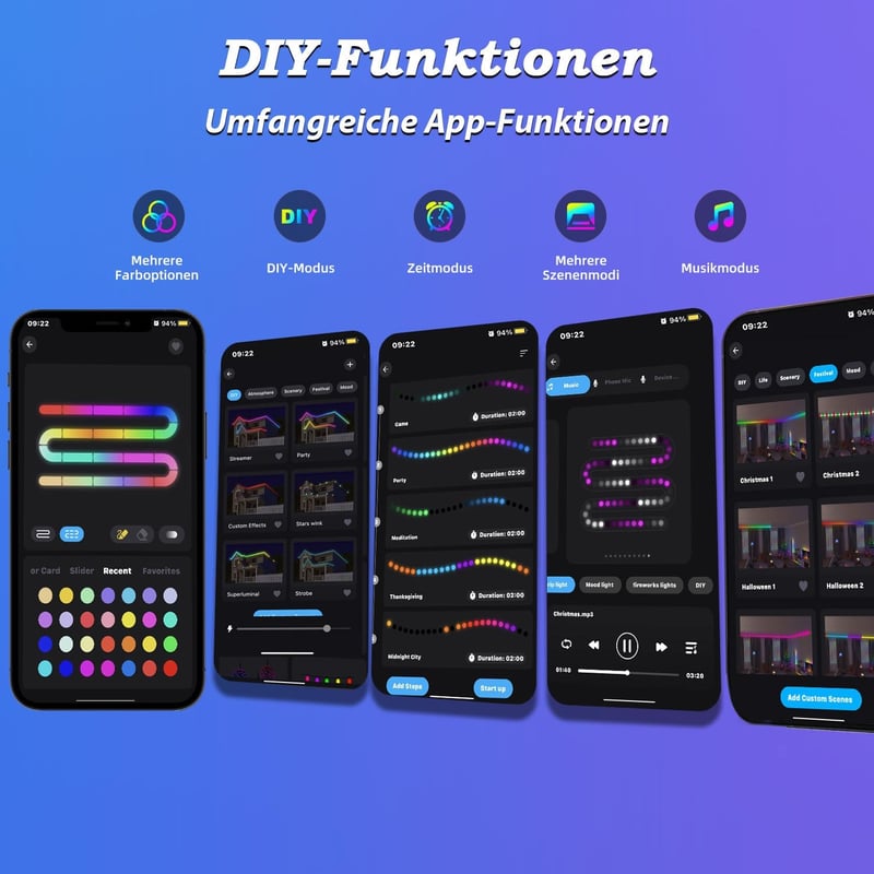Lichaser 40m RGB LED szalag kültéri vízálló Bluetooth és RF távirányítóval