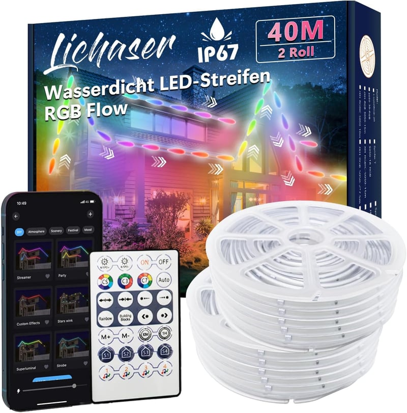 Lichaser 40m RGB LED szalag kültéri vízálló Bluetooth és RF távirányítóval