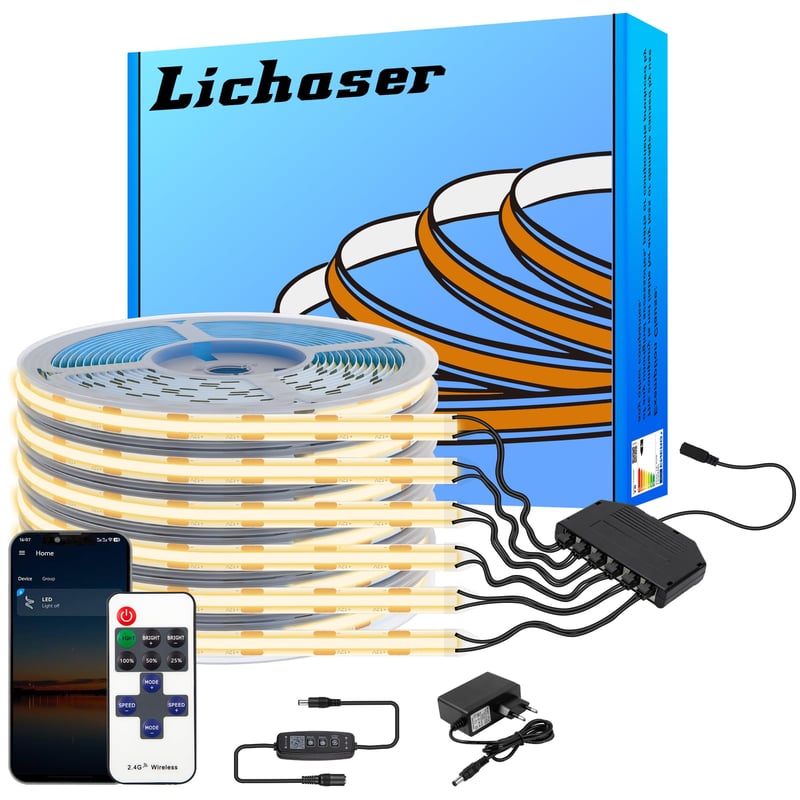 Bandă LED COB Lichaser pentru panouri acustice, 1 m, 6 role, 2700K alb cald, Bluetooth, aplicație și telecomandă, 12V, pentru panouri de perete, rafturi, dulapuri