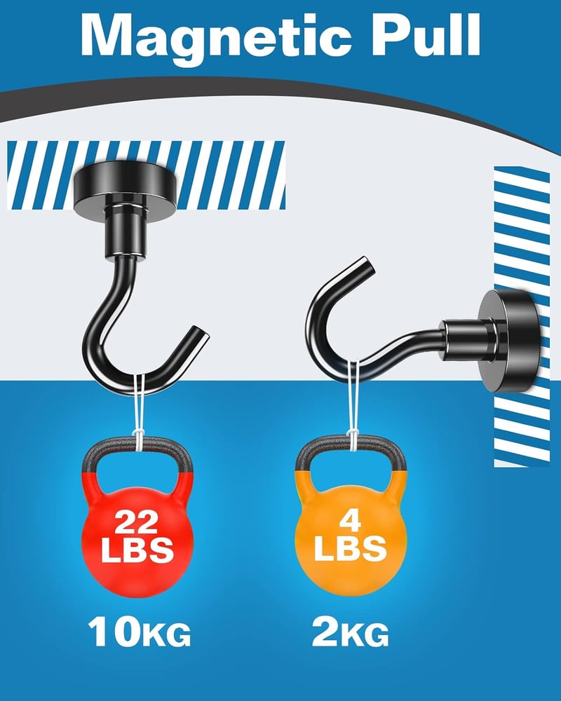 Lictin 23 kg mágneses kampó szett fekete, fúrás nélküli levehető extra erős akasztó kempinghez, műhelyhez és szekrényhez
