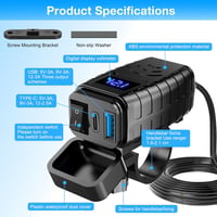 Lieberwell Vízálló Motoros USB Töltő 12V-24V Quick Charge 3.0 Type-C + USB-A LED Voltmérővel és Kapcsolóval 8